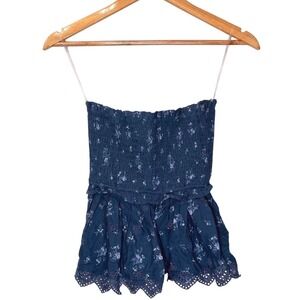NEW American Eagle AE Smocked Floral Strapless Tank Top Tube Eyelet Ruffle‎ Hem